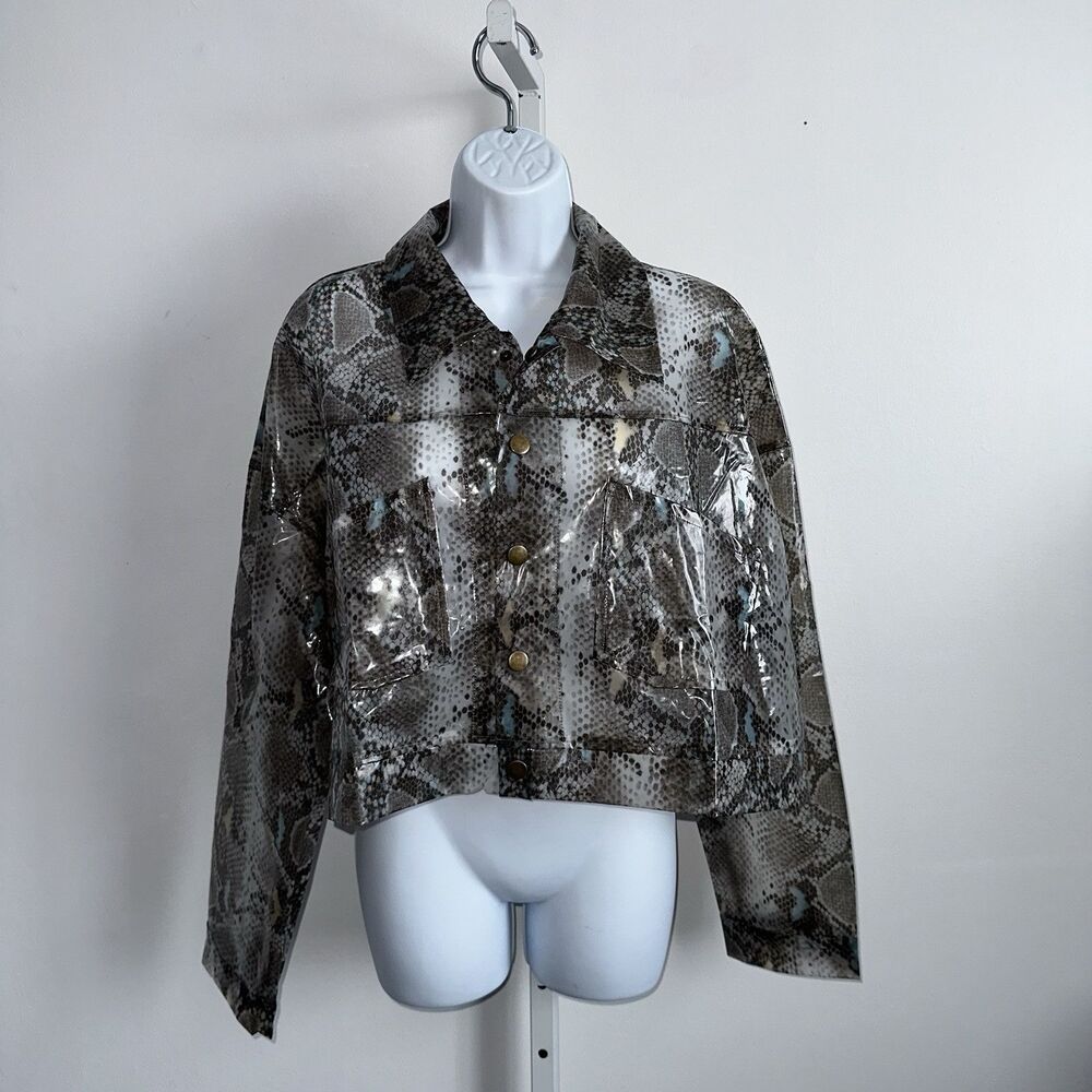 i r Plastic Polyurethane Cropped Jacket Plus Size 2XL Sheer Reptile Animal Print